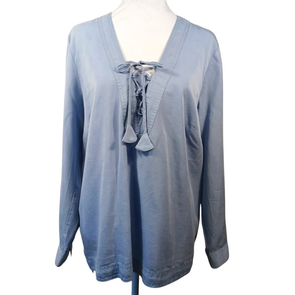 J. Jill, Chambray Blue, Lace Up V Neck, Long Sleeve Peasant Blouse, Large Petite